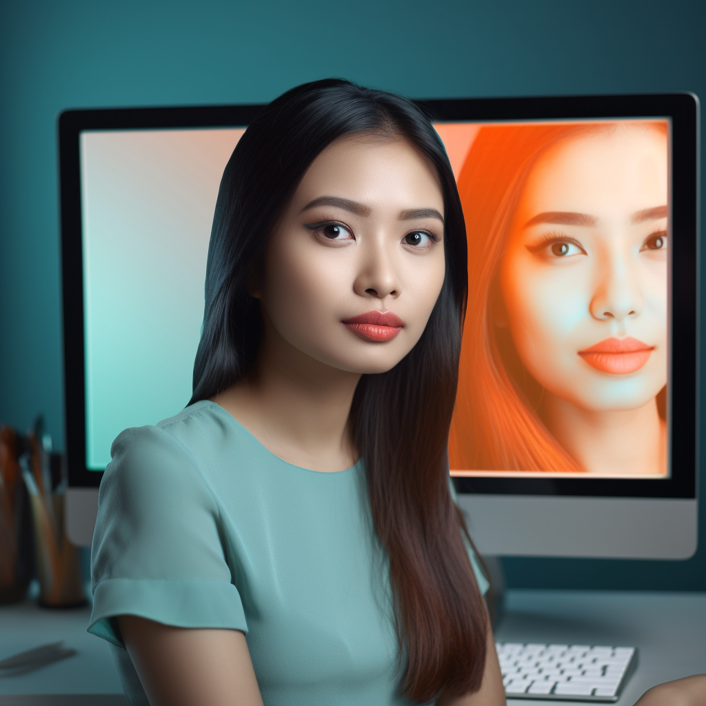**A virtual assistant pinay/pinoy using modern computer with content on the screen. Photorealistic. Professionnal at home. Studio lighting. Bright. Teal. Orange --upbeta --v 5** - Image #1