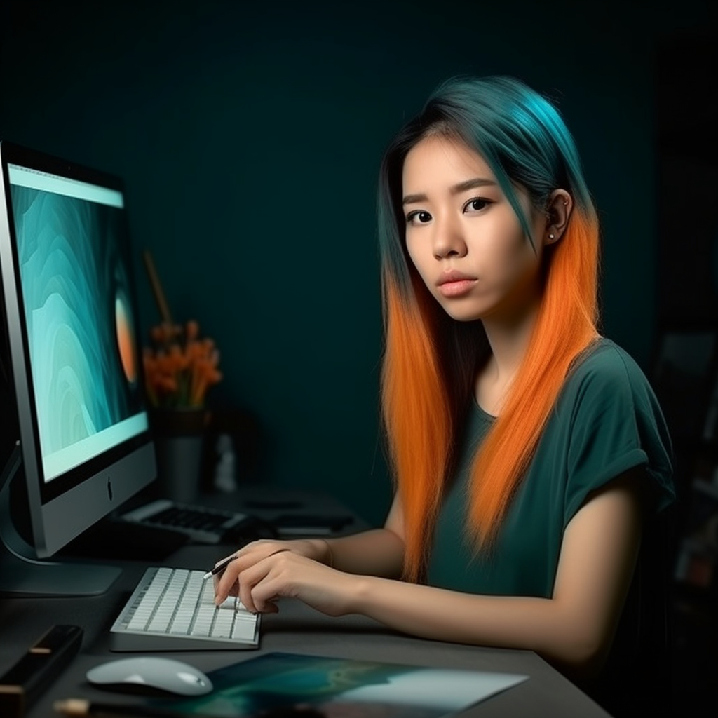 **A virtual assistant pinay/pinoy using modern computer with content on the screen. Photorealistic. Professionnal at home. Studio lighting. Bright. Teal. Orange --upbeta --v 5** - Image #1