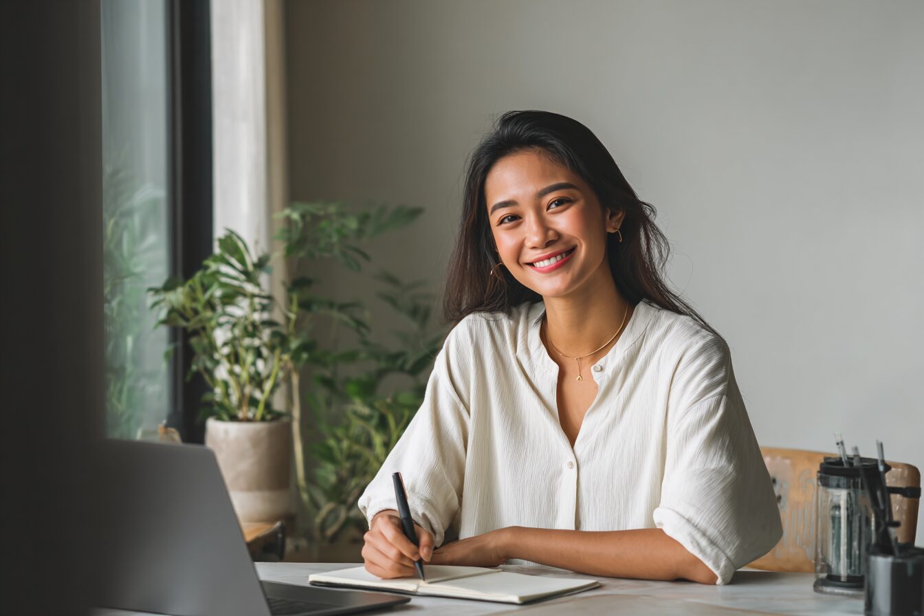 Ultra-realistic 4K image of a young Filipino professional working from home, seated at a tidy desk with a laptop open. The person is dressed in smart-casual (blouse or polo shirt), smiling with a confident posture, and taking notes on a notebook beside the laptop. Subtle natural lighting from a window, minimal décor like a plant or mug, creating a fresh, professional, and encouraging vibe. The scene should capture self-assurance and readiness to grow as a Virtual Assistant.